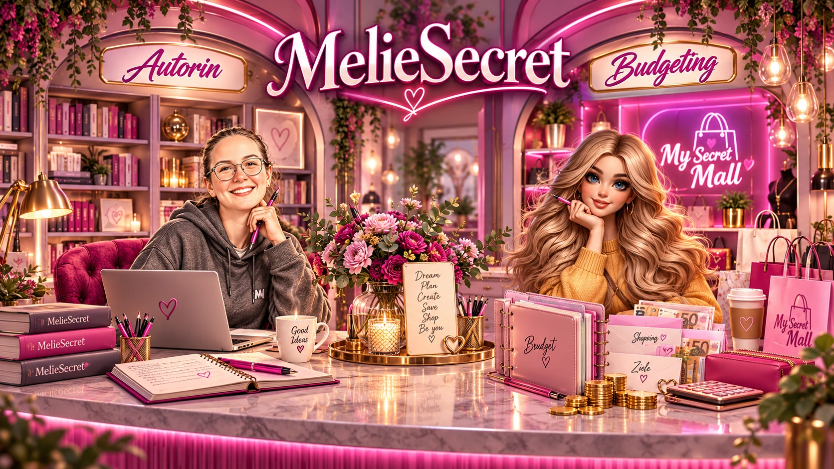 MelieSecret: Melies kreative Schreibwelt und ihre Budgeting-Welt in einer pinkfarbenen Boutique